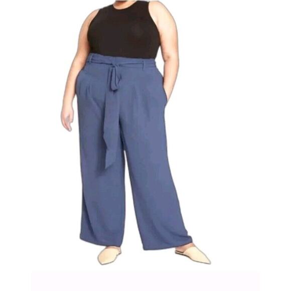 Universal Standard Womens S Blue Tresa Wide Leg Satin Belted Trouser Pants 14 16 - Picture 1 of 11